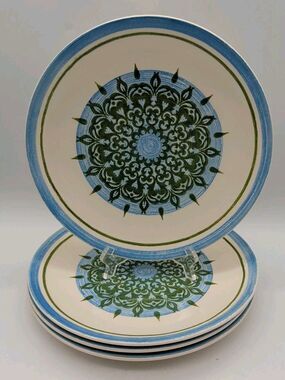 Vtg Royal Ironstone Cavalier Blue & Green Floral Dinner Plates Set Of 4 USA